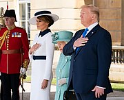 President Trump and First Lady Melania Trump with Queen Elizabeth II at Buckingham Palace President Trump and First Lady Melania Trump's Trip to the United Kingdom (48000154961).jpg