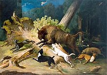 Bison hunted by dogs Ruseckas-Stumbro medziokle.jpg