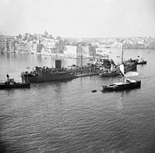 The tanker Ohio enters Grand Harbour after Operation Pedestal, 15 August 1942. SS-Ohio supported.jpg