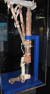 The left main landing gear of Saint-Exupery's F-5B Lightning, recovered in 2003 from the Mediterranean Sea off the coast of Marseille, France Saint Exupery exhibit - Air & Space Museum, Le Bourget, Paris, France (12).JPG