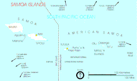 Archipiélago de Samoa dividido políticamente en dos, el Estado Independiente de Samoa a la izquierda y el territorio estadounidense de Samoa Americana a la derecha.