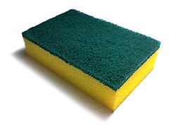 A yellow polyurethane sponge with a green nylon sponge. It is called sponge tawashi in Japan.