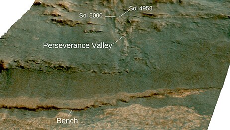 View looking west on to Perseverance Valley on the western rim of Endeavour crater laid over 3-D topographic map of the terrain with 5-fold vertical exaggeration.jpg