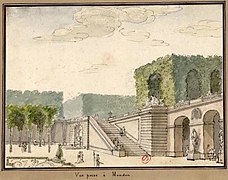 Vue prise à Meudon : l'escalier et le Petit Pont. Fin du XVIIIe siècle. par Thiery de Sainte-Colombe, INHA.