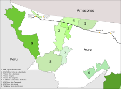 Parte occidental del estado de Acre en donde se muestra en la parte 6 el Bosque Nacional de Santa Rosa dos Purus