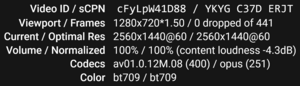YouTube shows video statistics with the AV1 video codec and Opus audio codec. YouTube AV1 video with Opus audio stat screenshot.png