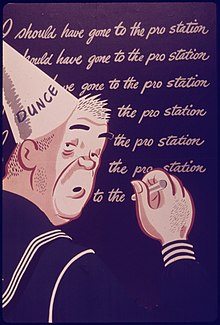 "I should have gone to the pro station". WWII-era poster promoting condom use. "I should have gone to the pro station" - NARA - 514564.jpg