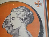 Poster showing in grey on an orange background a thin female profile and a fat male profile with a big nose and a cheesy smile
