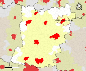 Localisation de l'aire d'attraction de Villaines-la-Juhel dans le département de la Mayenne.