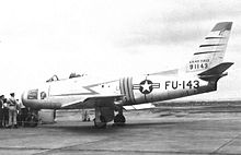F-86A Sabre at Westover AFB, c.1951 60th Fighter-Interceptor Squadron North American F-86A-5-NA Sabre 49-1143.jpg