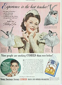 "More Doctors Smoke Camels than Any Other Cigarette" advertisement for Camel cigarettes in the 1940s Ballet Star Kathryn Lee advertises Camel cigarettes, 1948.jpg