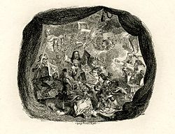 Battle of Engravers, satirical etching by George Cruikshank, showing hypothetical battle between the engravers, including William Hogarth, Antoine Masson, William Woollett, Jean-Joseph Balechou, Albrecht Durer and Marcantonio Raimondi Battle of Engravers by George Cruikshank 1828.jpg