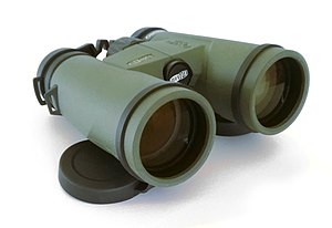 8x42 roof prism binoculars with rainguard and opened tethered lens caps Binocular with 8x magnification and 42 mm lens diameter.jpg