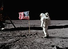 U.S. astronaut Buzz Aldrin saluting the American flag on the Moon during the 1969 Apollo 11 mission; the United States is the only country that has landed crews on the lunar surface. Buzz salutes the U.S. Flag-crop.jpg