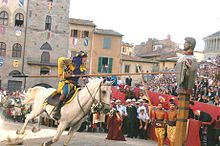 Saracen Joust of Arezzo is an ancient game of chivalry. It dates back to the Middle Ages. It attracts tourists from all over the world. Carriera Porta Santo Spirito.JPG