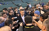 Epstein talks to reporters before the 2016 NLCS Game 6 Cubs President of Baseball Operations Theo Epstein talks to reporters before NLCS Game 6.jpg