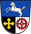 Stadt Haunstetten Geteilt und unten gespalten; oben in Blau ein springendes silbernes Pferd, unten rechts in Schwarz ein goldenes Kleeblattkreuz, links in Silber ein rotes Zahnrad.