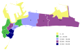 Mapa de los divisiones estadísticas de Cádiz y la densidad de población (hab/km2).