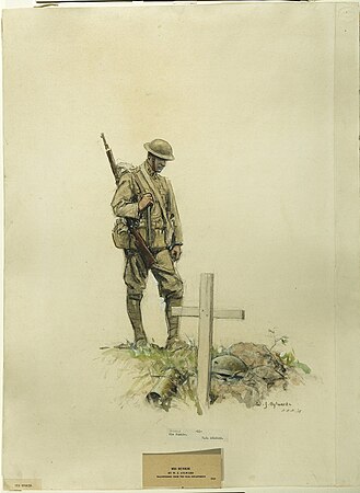 World War I doughboy looking at the grave of a fallen comrade.