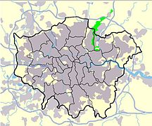 Ubicación del bosque de Epping (en verde) dentro del Gran Londres y Essex.