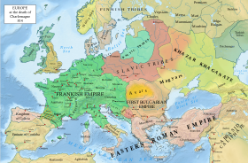 Europe in 814. Charlemagne's empire included most of modern France, Germany, the Low Countries, Austria and northern Italy. Europe 814.svg