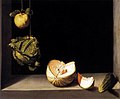 『マルメロ、キャベツ、メロン、胡瓜の実』 フアン・サンチェス・コターン 1602 画布、油彩 65,5 × 81 cm サンディエゴ美術館