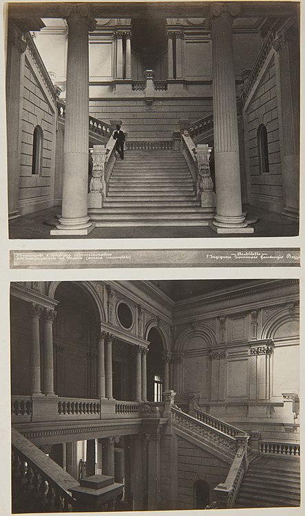 Interior do Edifício Monumento do Ipiranga: Bezzi na escadaria central e andar superior visto a partir da escadaria central