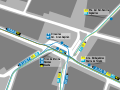 Mapa de la Plaza de Jacinto Benavente, una de las cabeceras de la línea, con los recorridos de los autobuses de la EMT que pasan por ella.