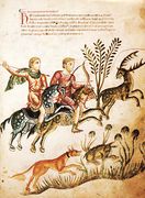 Cazadores a caballo con perro en una ilustración del Medicina Antiqua (ca. 1250).[96]​