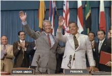 Jimmy Carter and Omar Torrijos at the signing of the Panama Canal Treaty. - NARA - 179908.tif