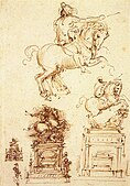 Three draft sketches in sepia for an equestrian monument, Leonardo da Vinci 1508–10