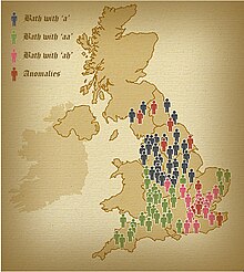 Map showing phonological variation within England of the vowel in bath, grass, and dance:
.mw-parser-output .legend{page-break-inside:avoid;break-inside:avoid-column}.mw-parser-output .legend-color{display:inline-block;min-width:1.25em;height:1.25em;line-height:1.25;margin:1px 0;text-align:center;border:1px solid black;background-color:transparent;color:black}.mw-parser-output .legend-text{}
'a' [a]
'aa' [ae:]
'ah' [a:]
anomalies Local pronunciations of bath in England.jpg