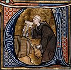 Un monaco cellario degusta del vino da una botte mentre riempie una brocca. Da Li Livres dou Santé di Aldobrandino da Siena (Francia, tardo XIII secolo).