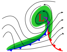 Occluded cyclone example. The triple point is the intersection of the cold, warm, and occluded fronts. Occluded cyclone.svg