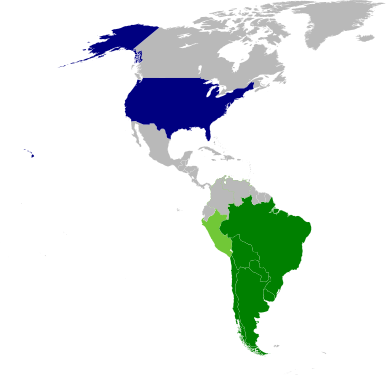 Països participants a l'Operació Còndor. Membres actius (verd fosc): Argentina, Bolívia, Brasil, Paraguai, Uruguai, Perú, Xile ; Membres esporàdics (verd clar): Colòmbia, Perú, Veneçuela ; Assistència i finançament (blau): Estats Units d'Amèrica
