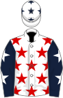 White, red stars, dark blue sleeves, white stars, white cap, dark blue stars