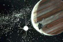 A painting of a spacecraft in front of a crescent Jupiter, the distant Sun, and the stars of the Milky Way in the background. The night-side of Jupiter is illuminated.