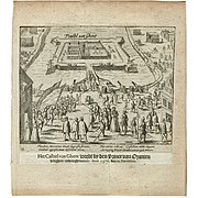 De Prins van Oranje belegert en verovert het Spanjaardenkasteel op 11 november 1576. Prent uit 'de Nassausche Oorloghen' van Willem Baudartius