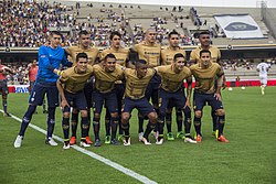 UNAM's present-day Pumas football team, with the emblematic logo on the front of the jersey. The team was created since league amateurism; was early intended for alumni.