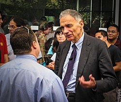 Nader speaks to a reporter after giving a talk at UC San Diego one week before the general election Ralph Nader at UC San Diego, September 27, 2008.jpg