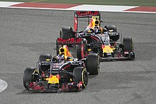 Daniel Ricciardo (front) and Daniil Kvyat at the Bahrain Grand Prix Red Bull duo Bahrain 2016.jpg