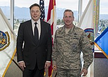 Elon Musk and four-star general Terrence J. O'Shaughnessy in April 2019 SpaceX CEO Visits Local Commands (190415-F-ZZ999-371).jpg