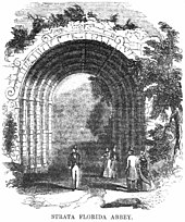 Gravure du dix-neuvième siècle montrant la porte monumentale d'un édifice partiellement ruiné.