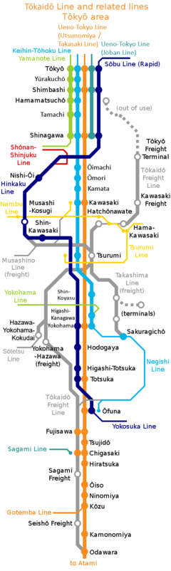 The Tōkaidō Freight Line is shown in grey in this map of the southern approaches to Tōkyō