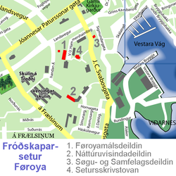 Map o rhan o Tórshavn yn dangos lleoliad y Brifysgol