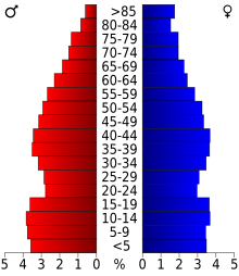 Schéma représentant la population du comté, par tranche d'âge. En rouge, à gauche, les femmes, en bleu à droite, les hommes.