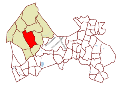 Location on the map of Vantaa, with the district in red and the major region in light brown