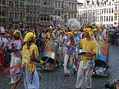 Colourfully-dressed musicians on the Grand-Place/Grote Markt