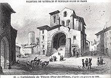 Représentation de l'église Saint-Genès avec la porte de la Bout à gauche et la Tour de l'horloge située en arrière-plan entre cette dernière porte et l'église. Il y a des animaux (vraisemblablement des ânes) et des gens dans la rue.