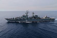 The cruiser Moskva operating as part of the Russian Navy task group providing air defence cover in the Eastern Mediterranean; January 2016 Postoiannaia gruppirovka VMF Rossii v Sredizemnom more obespechivaet protivovozdushnuiu oboronu nad territorii Sirii (17).jpg